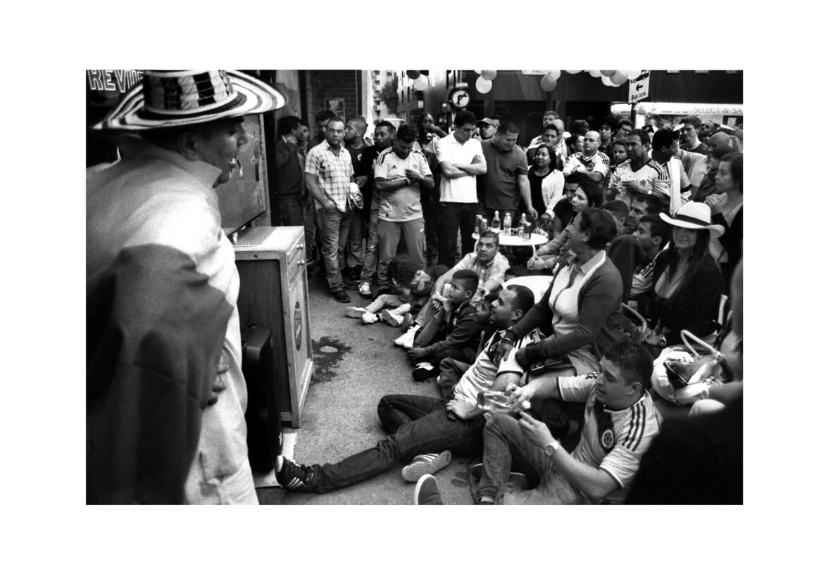Colombia fans watching Uruguay game / Elephant Road SE1 / June 2014